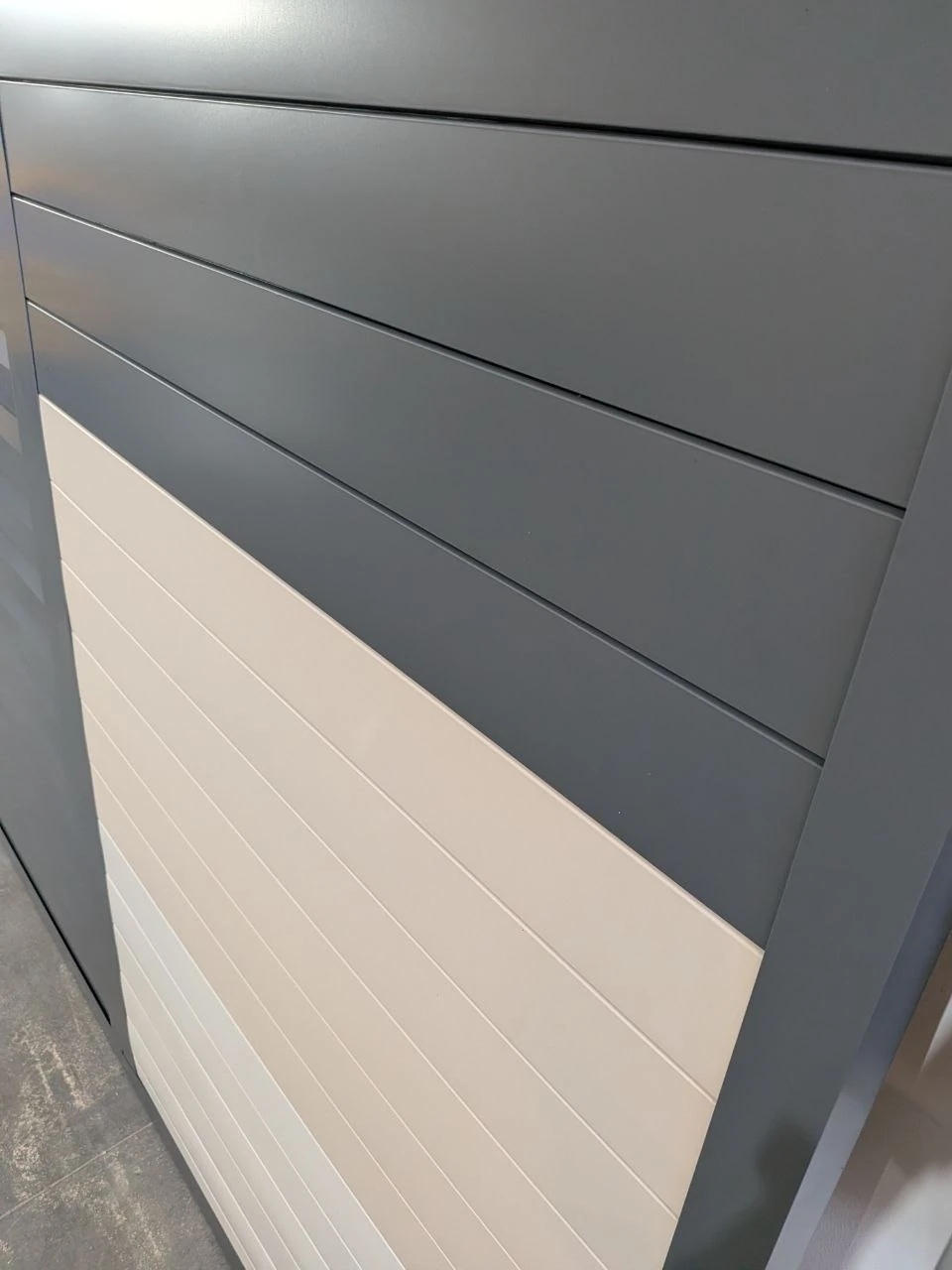 Grey, cream and white V-Groove finishes on a Terrashield display