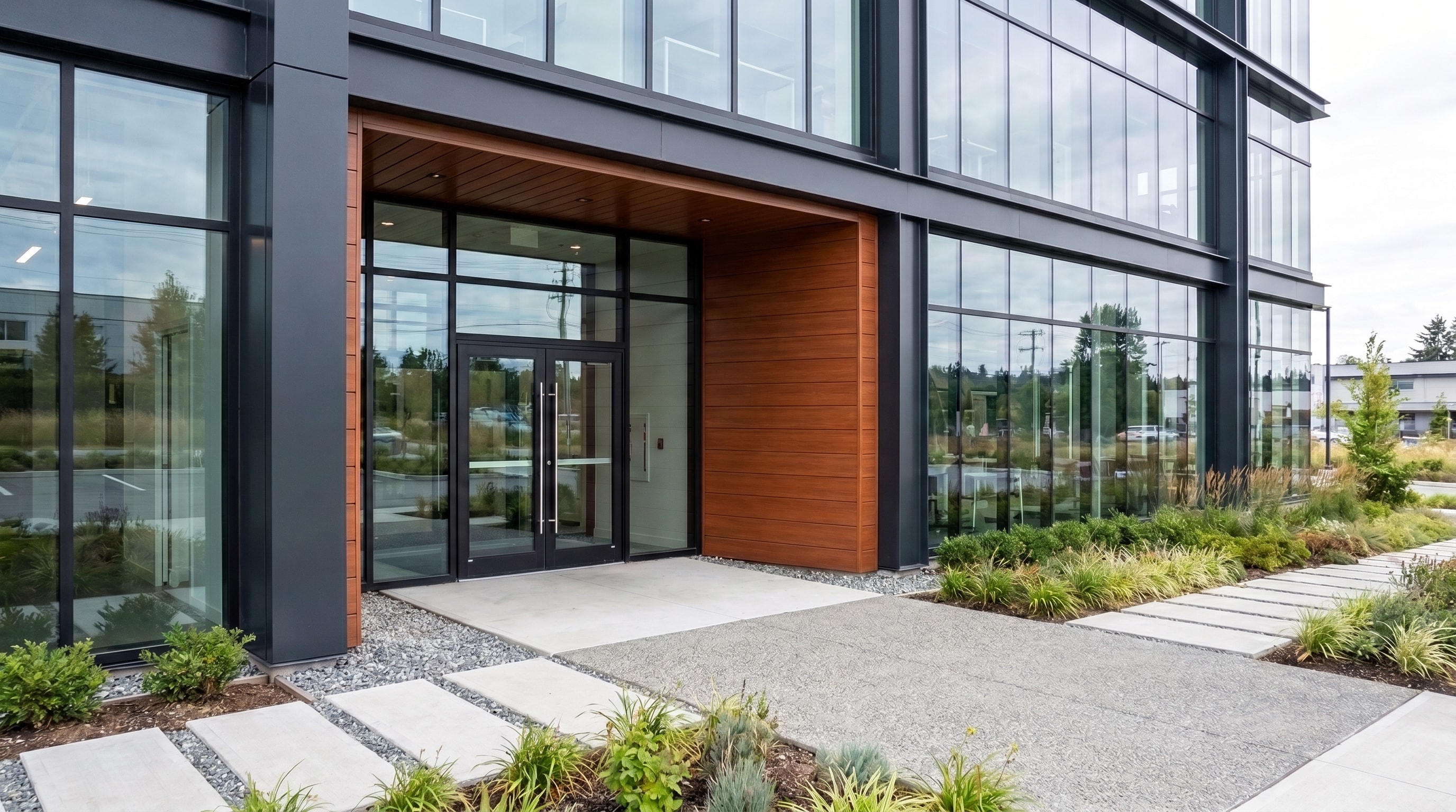 Commercial entrance framed with dark and wood-grain linear metal cladding
