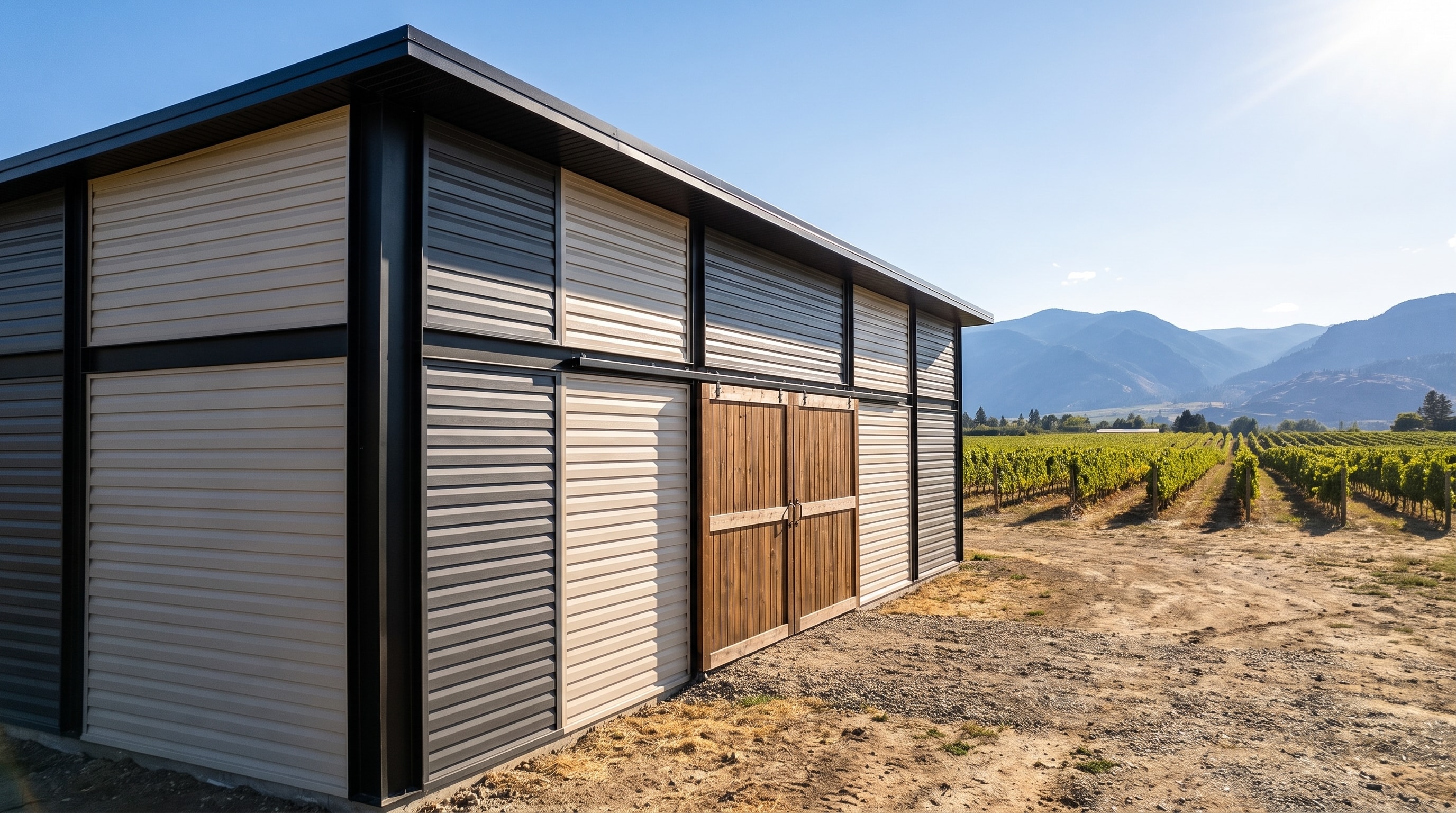 Illustrative metal-clad farm building in a rural landscape