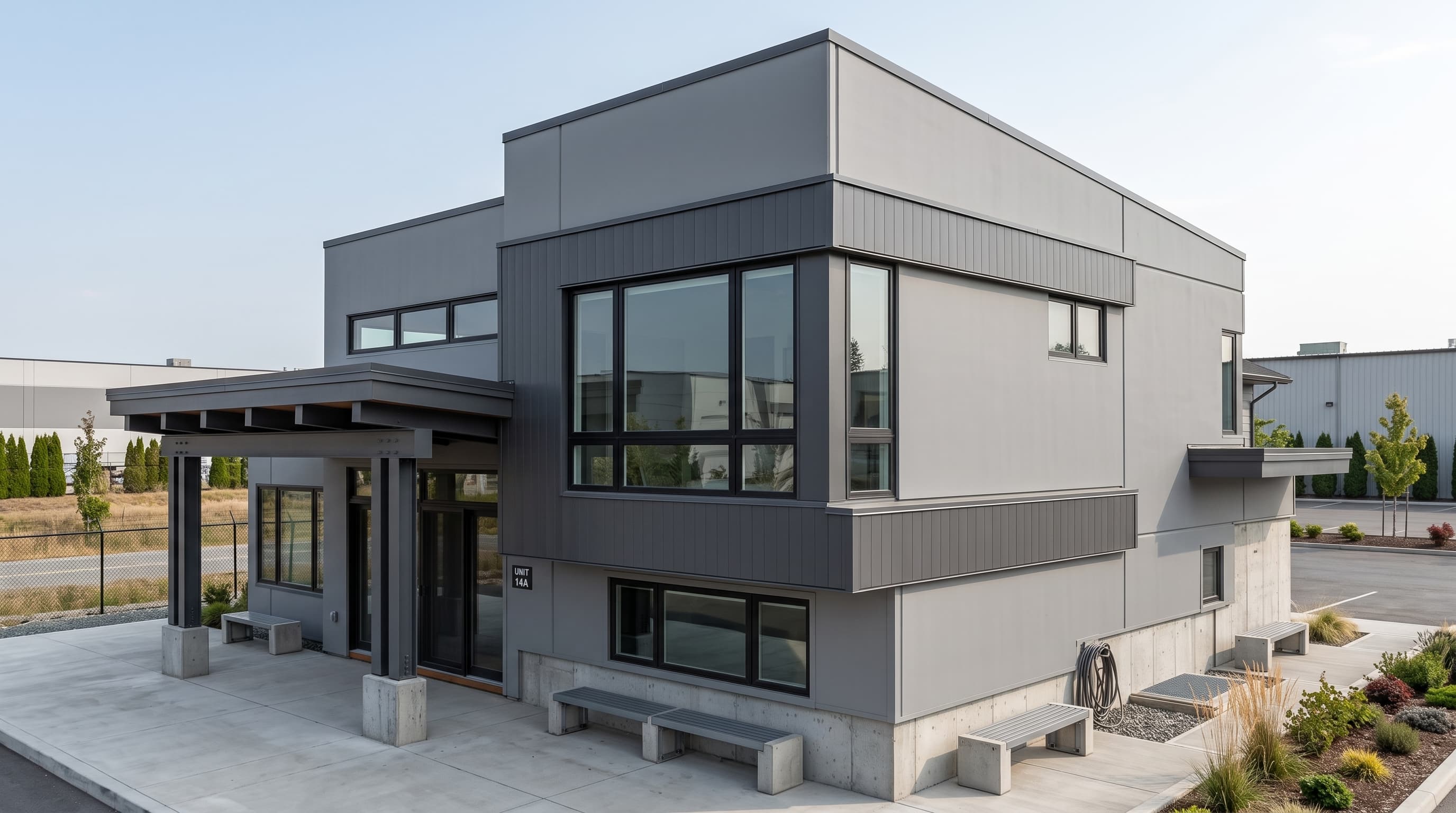 Modern building with narrow vertical metal cladding in defined facade zones