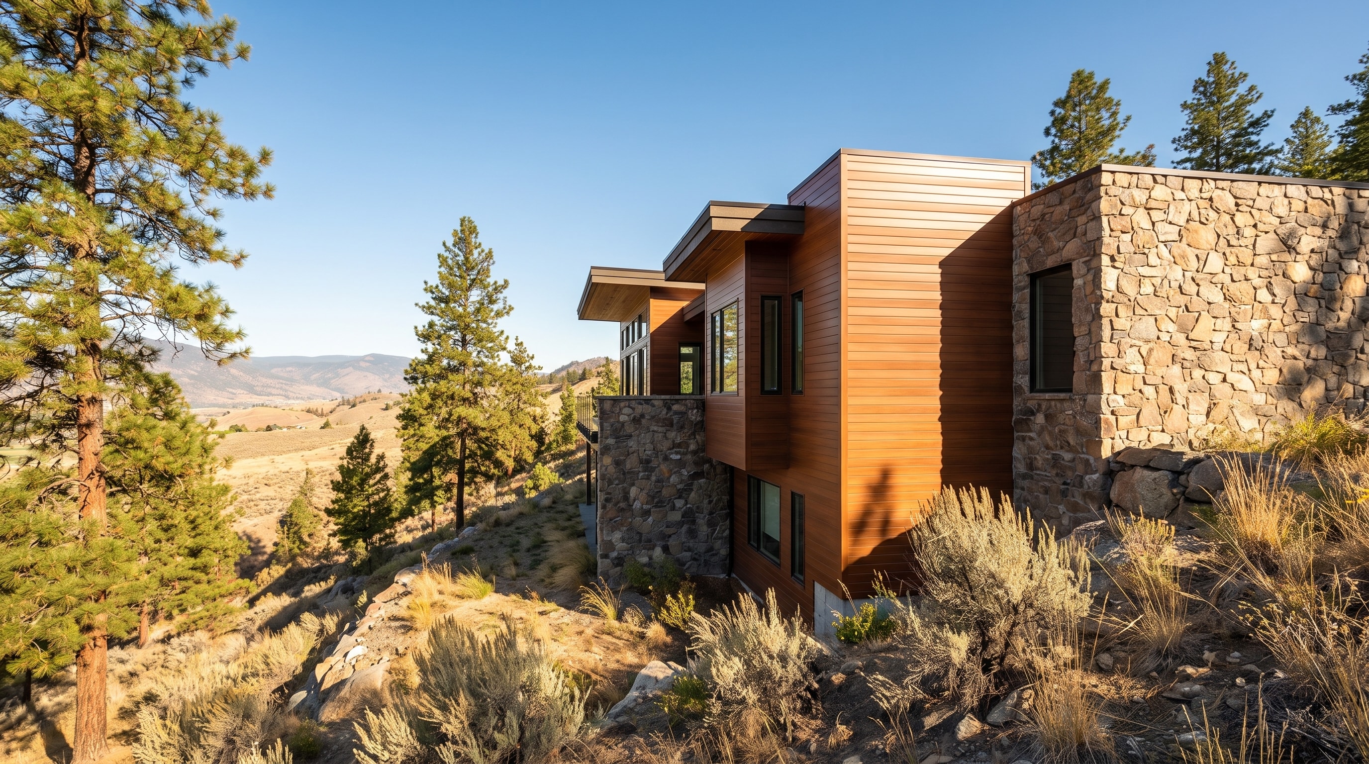 Architectural study of warm wood-look metal siding alongside natural stone