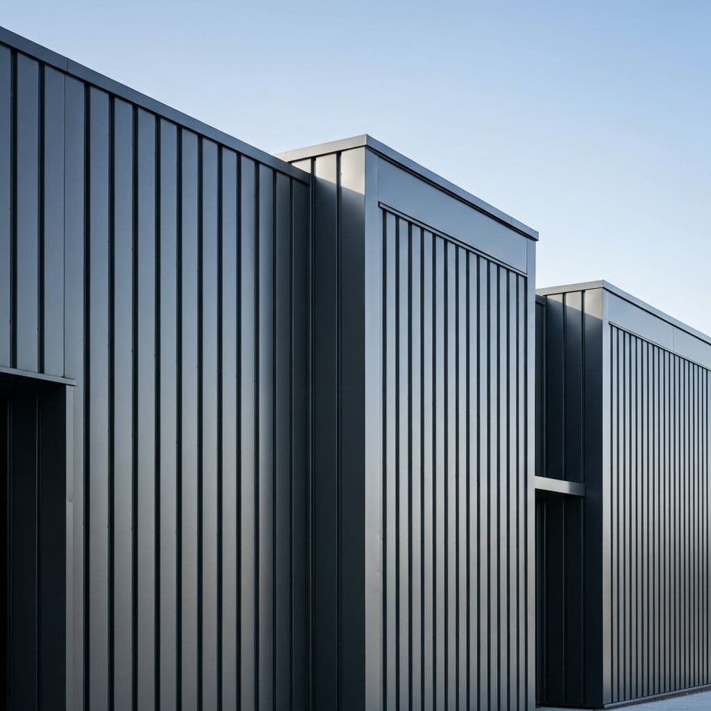 Dark grey architectural metal siding with narrow vertical shadow lines