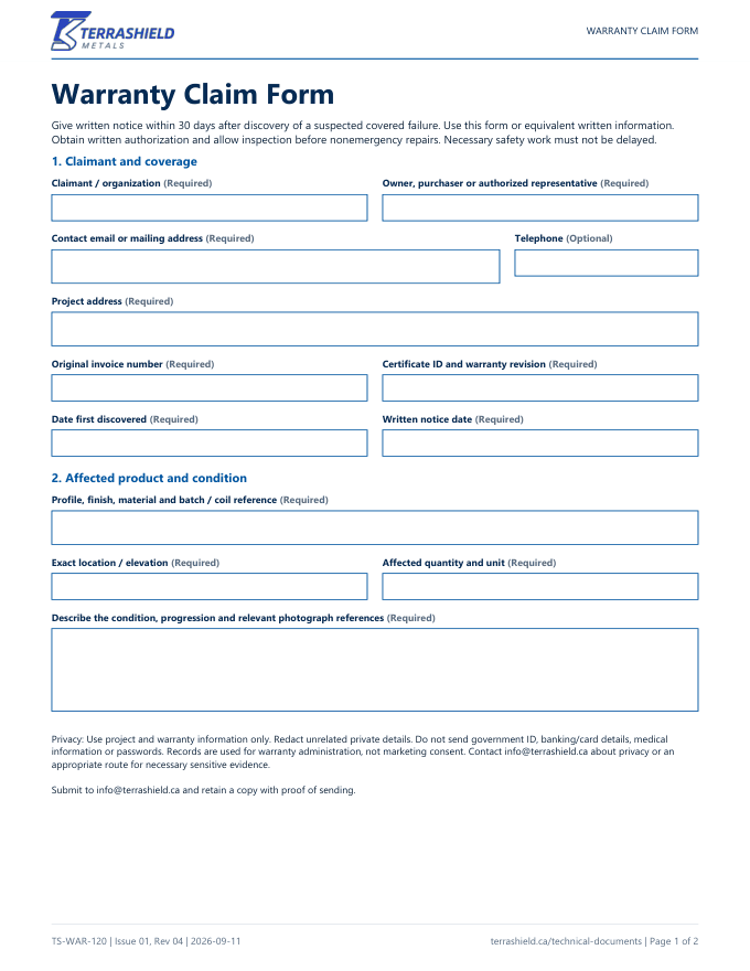 Cover of Warranty Claim Form