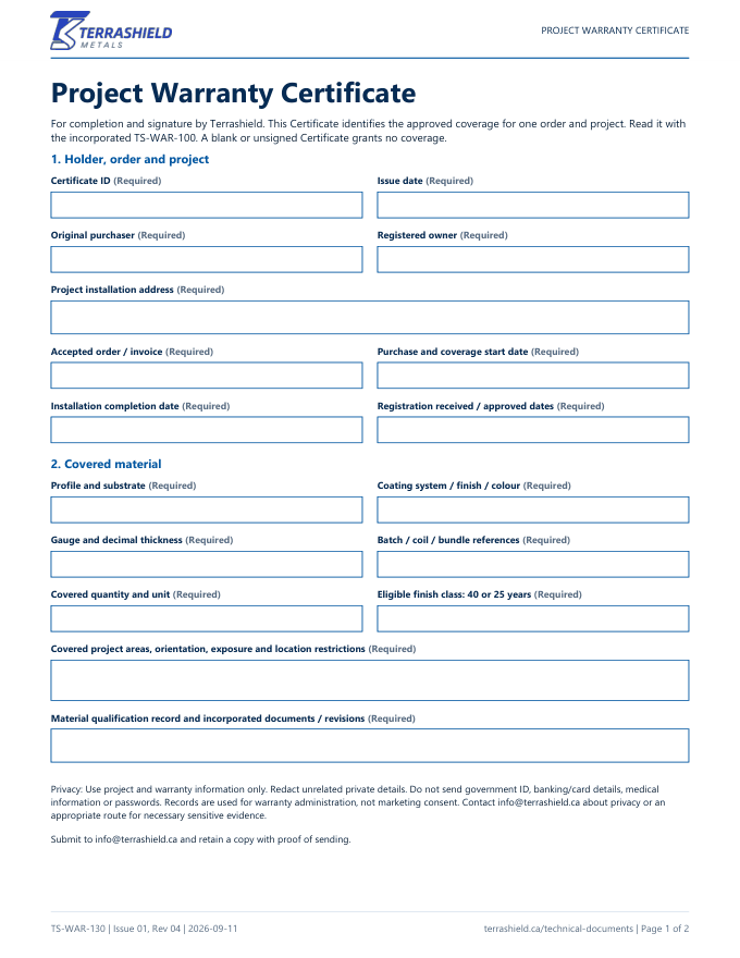 Cover of Project Warranty Certificate