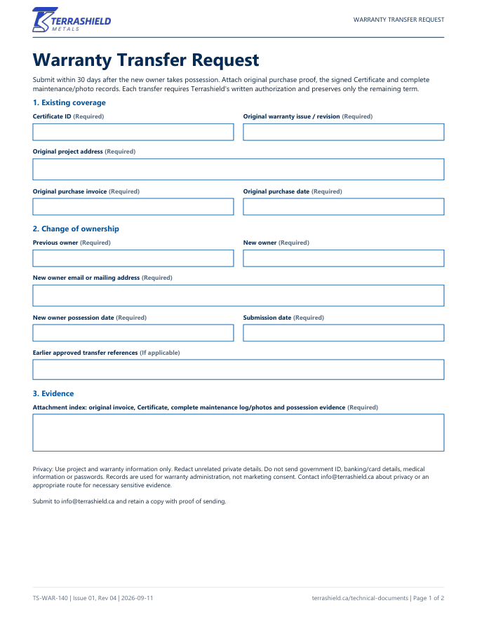 Cover of Warranty Transfer Request
