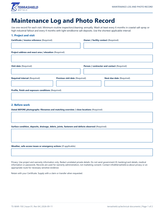 Cover of Maintenance Log and Photo Record