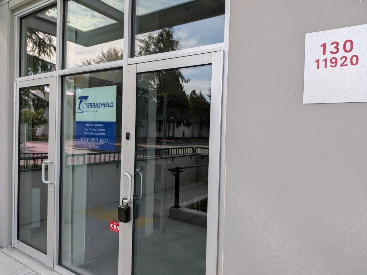 Terrashield workshop entrance at Unit 130, 11920 Forge Place