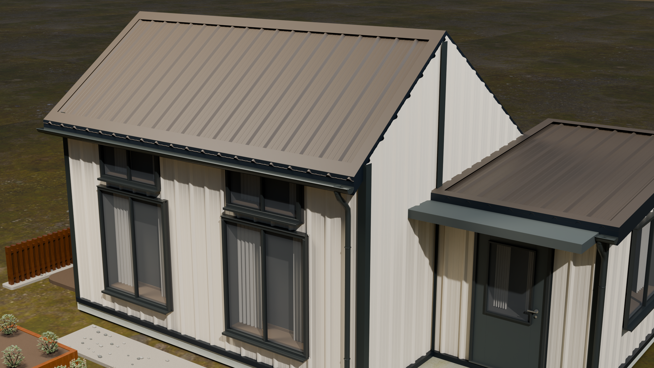 TerraCrest 200: same saltbox house, roof in Dark Bronze, walls in Cream White