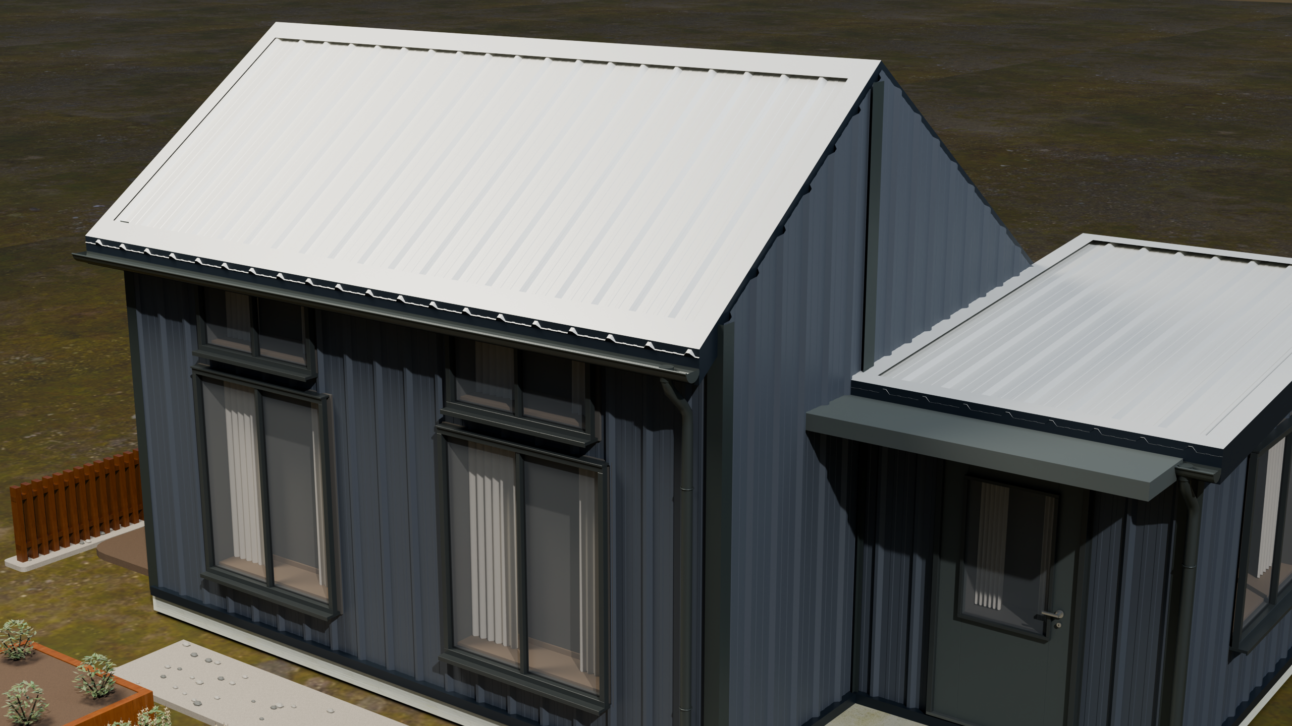 TerraCrest 200: same saltbox house, roof in Silver Metallic, walls in Foundry Grey