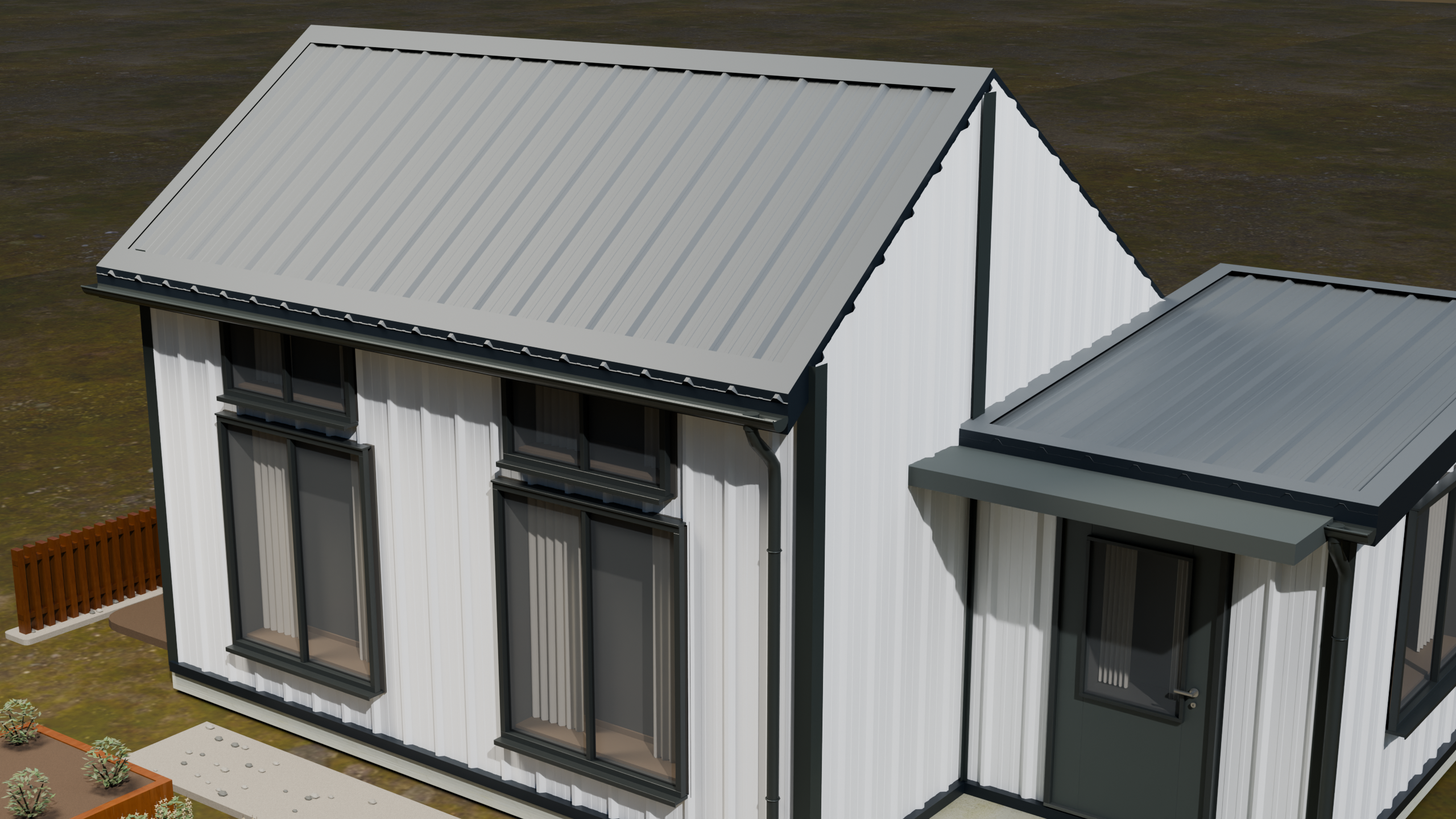 TerraCrest 200: same saltbox house, roof in Slate Grey, walls in Ice White