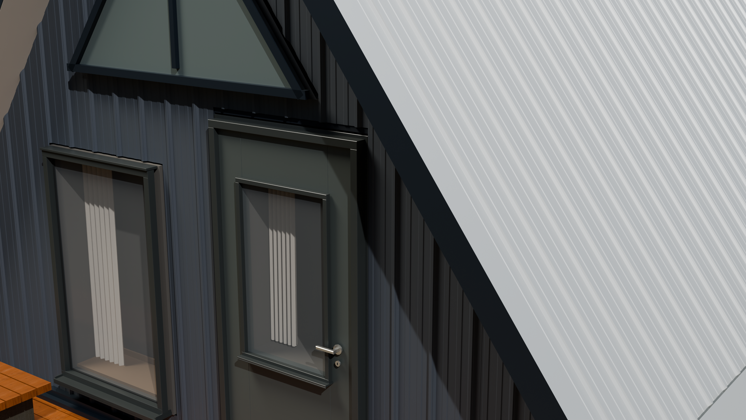 TerraCrest 100: same A-frame house, roof in Silver Metallic, walls in Foundry Grey