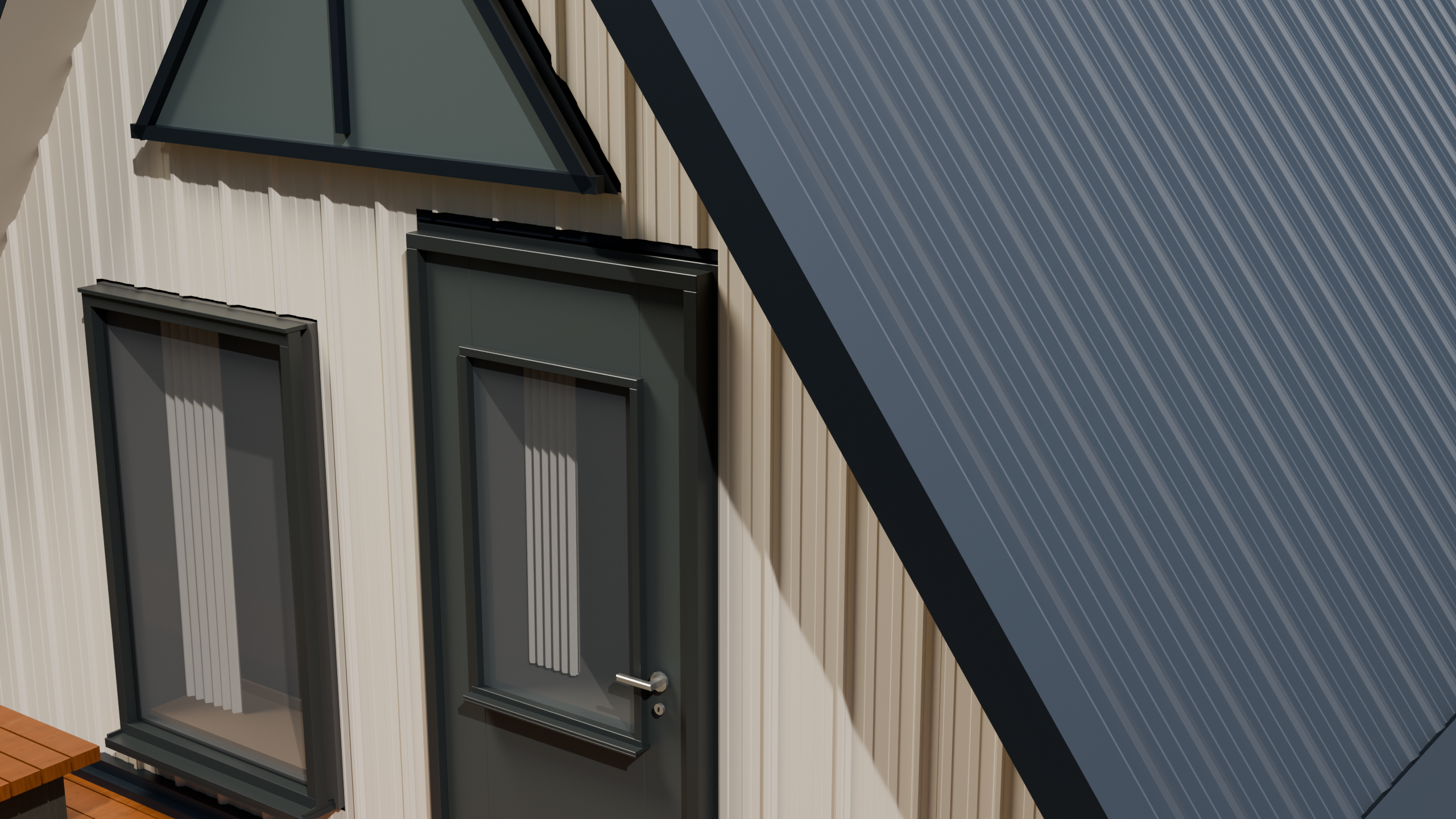TerraCrest 100: same A-frame house, roof in Foundry Grey, walls in Cream White