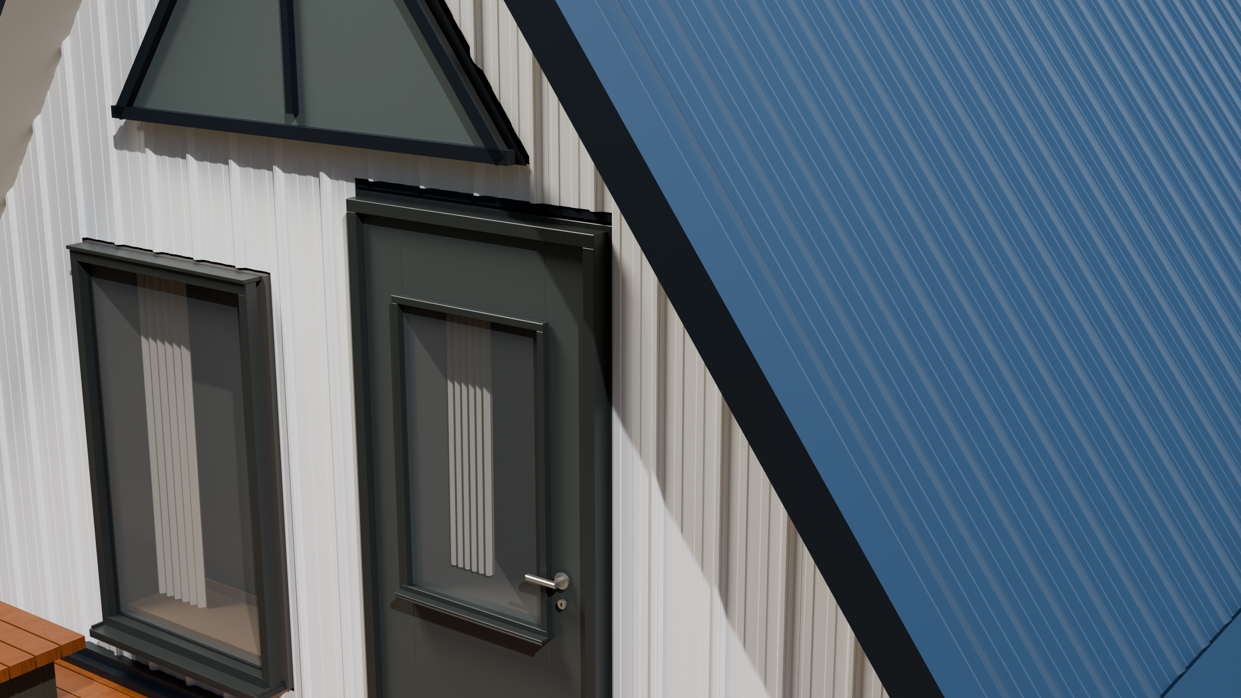 TerraCrest 100: same A-frame house, roof in Regal Blue, walls in Ice White